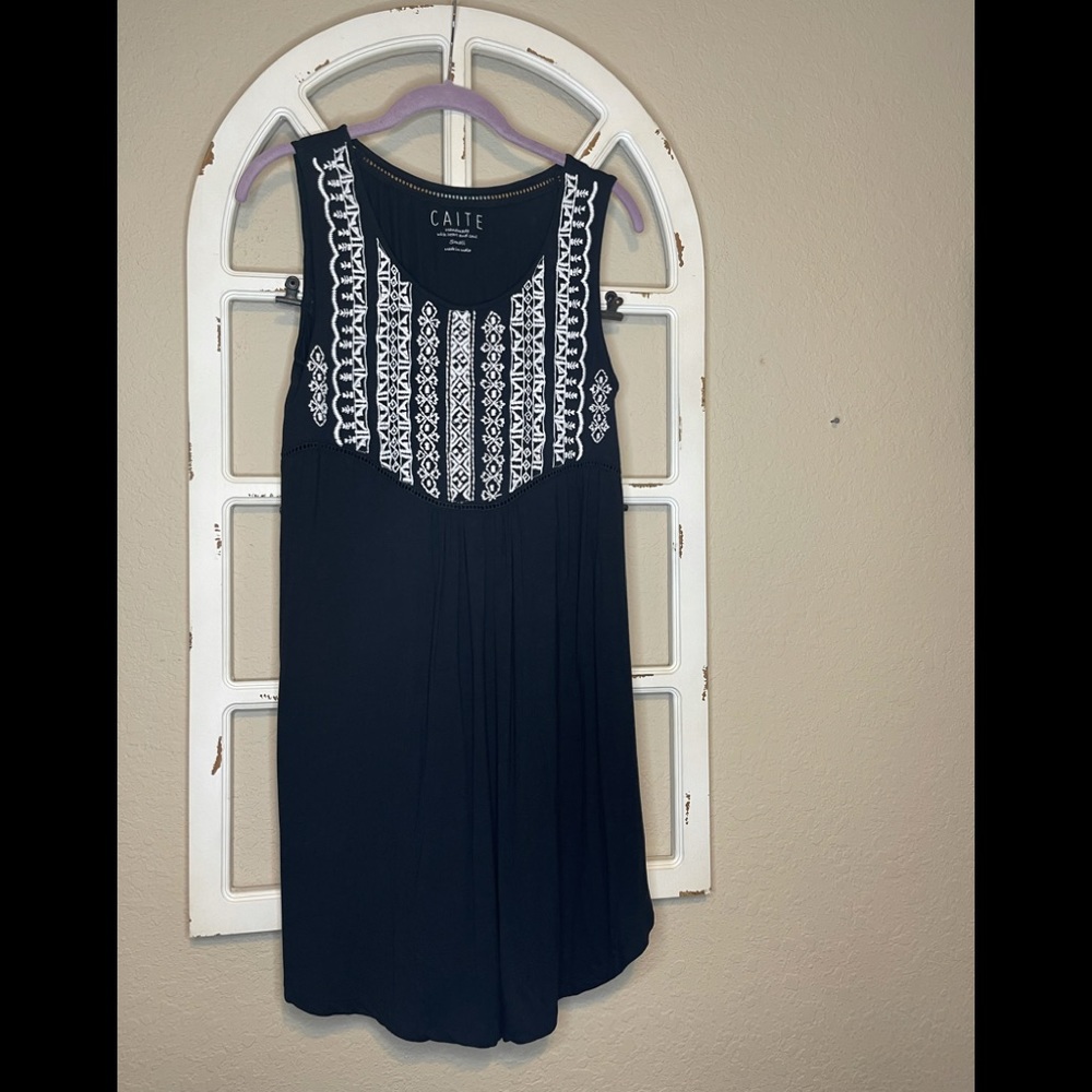 Caite Black with White Embroidery Sleeveless Dress